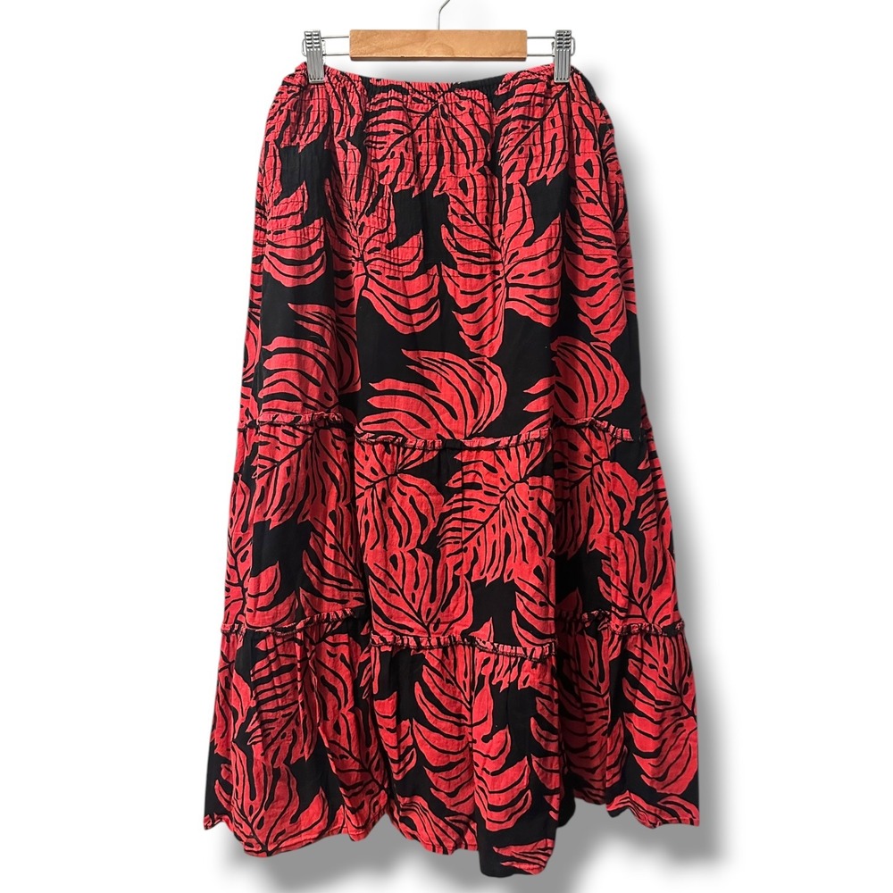 Club Z Collection Red Black Cotton Monstera Leaf Tiered Midi Skirt XL Tropical